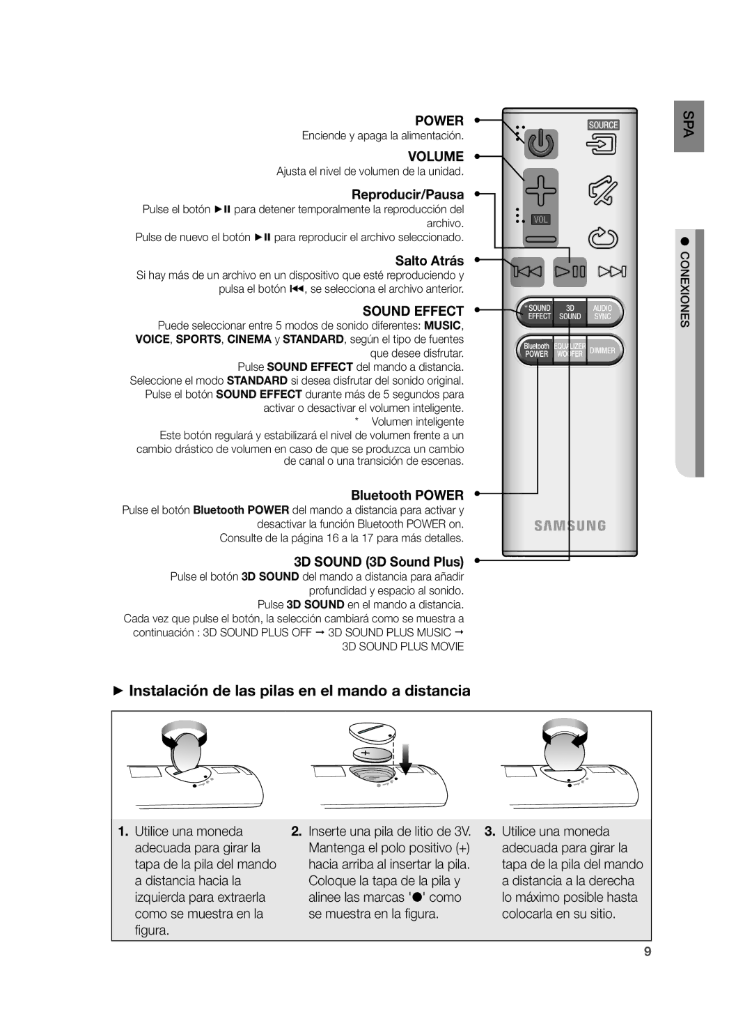 Samsung HW-H430/ZF manual ++Instalación de las pilas en el mando a distancia, Enciende y apaga la alimentación, Conexiones 