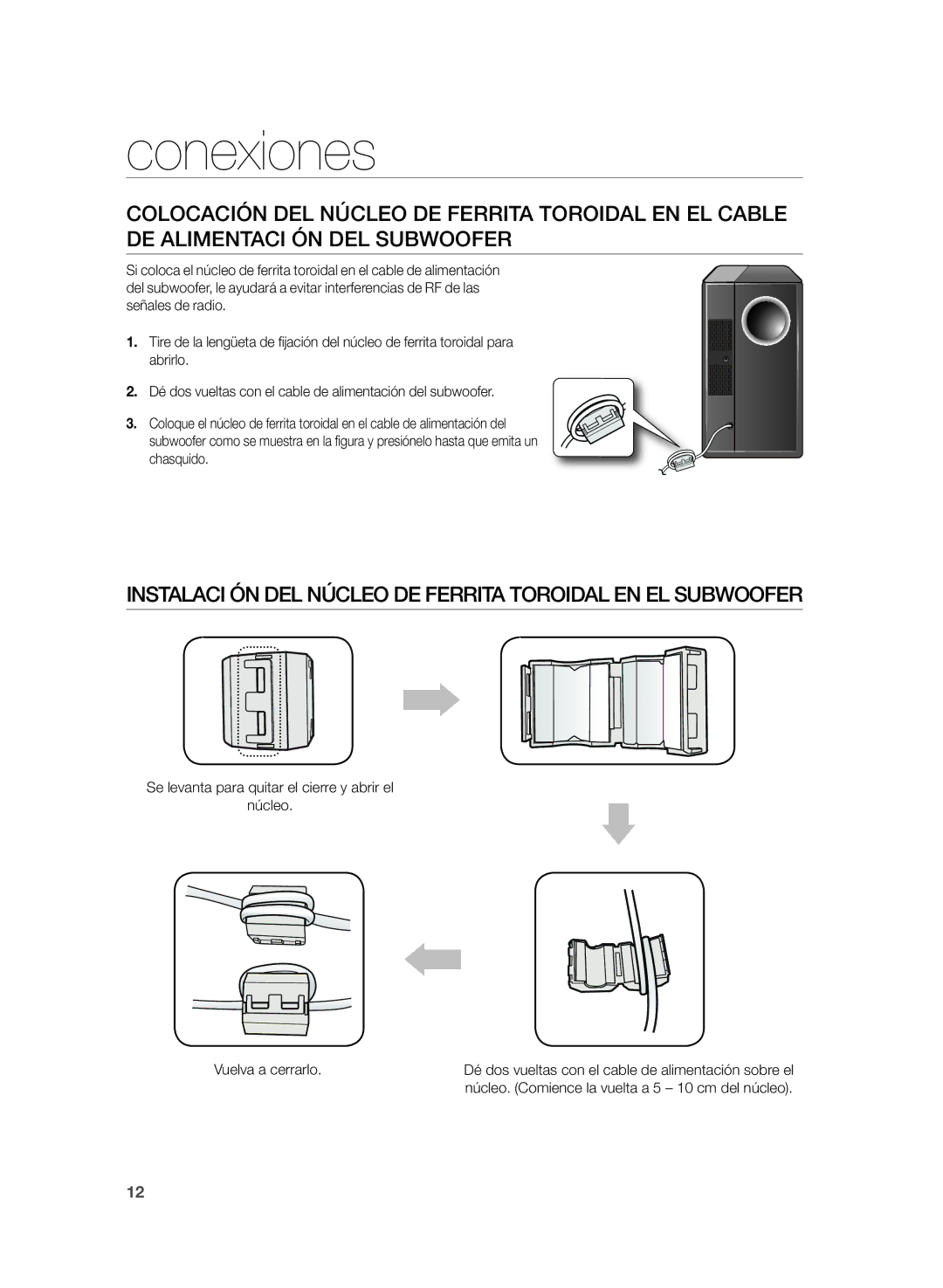 Samsung HW-H430/ZF manual Instalaci ÓN DEL Núcleo DE Ferrita Toroidal EN EL Subwoofer 