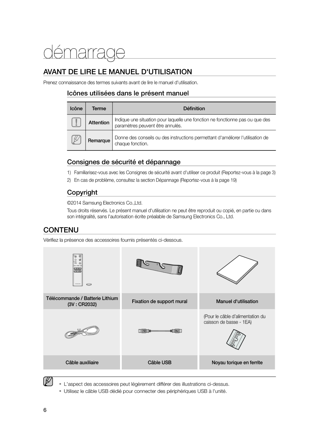 Samsung HW-H430/ZF manual Démarrage, Avant DE Lire LE Manuel Dutilisation, Contenu 