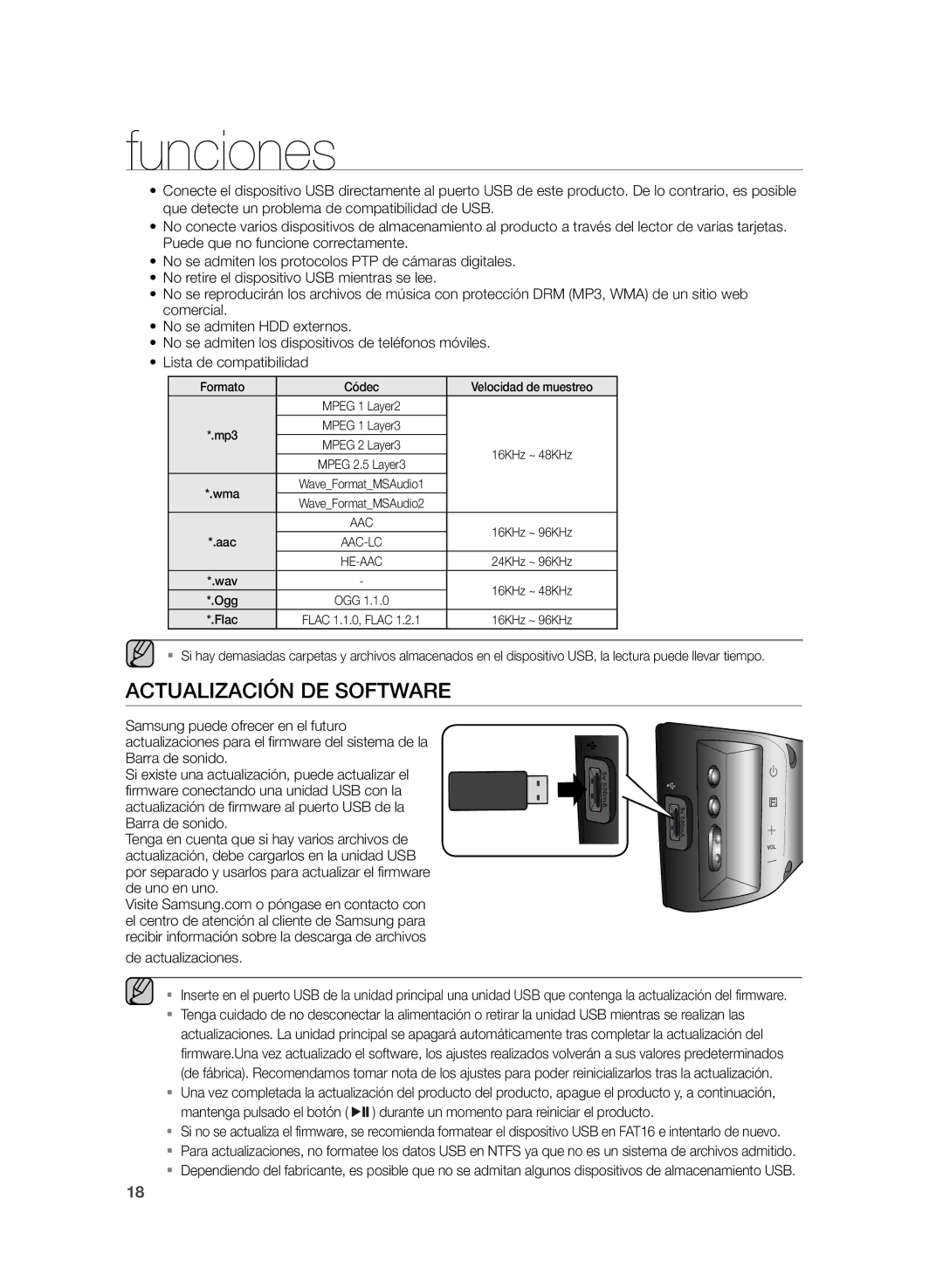 Samsung HW-H430/ZF manual Actualización DE Software, De actualizaciones, Formato Códec Velocidad de muestreo 