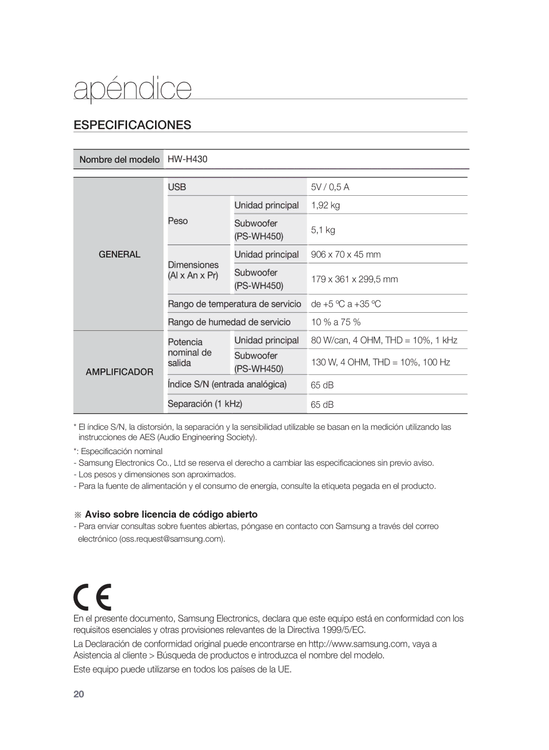 Samsung HW-H430/ZF manual Apéndice, Especificaciones, 80 W/can, 4 OHM, THD = 10%, 1 kHz 