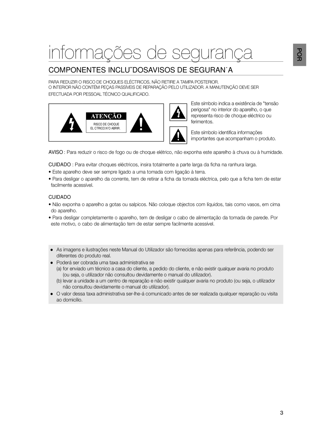 Samsung HW-H430/ZF manual Informações de segurança, Componentes Incluídosavisos DE Segurança, Cuidado 