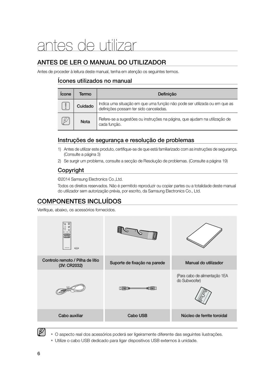 Samsung HW-H430/ZF manual Antes de utilizar, Antes DE LER O Manual do Utilizador, Componentes Incluídos 