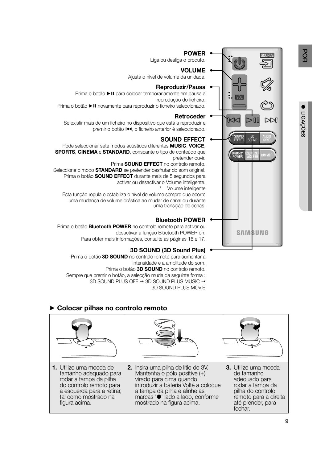 Samsung HW-H430/ZF ++Colocar pilhas no controlo remoto, Liga ou desliga o produto, Ajusta o nível de volume da unidade 