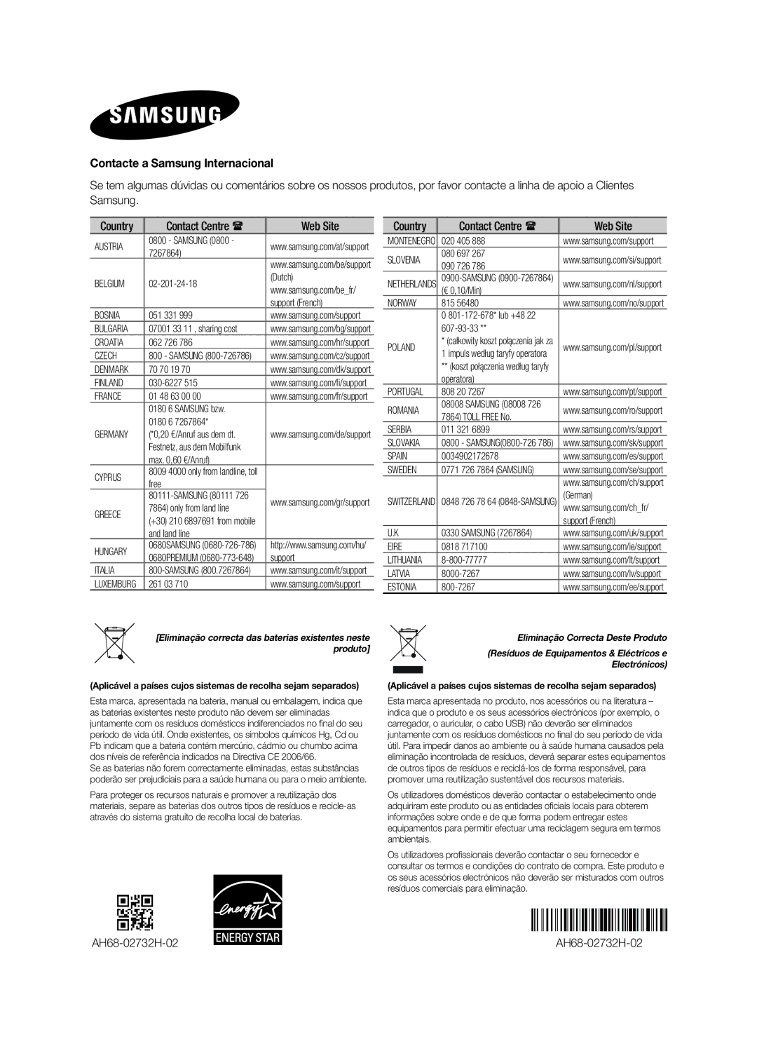 Samsung HW-H450/EN, HW-H450/ZF Contacte a Samsung Internacional, Samsung Country Contact Centre  Web Site, AH68-02732H-02 