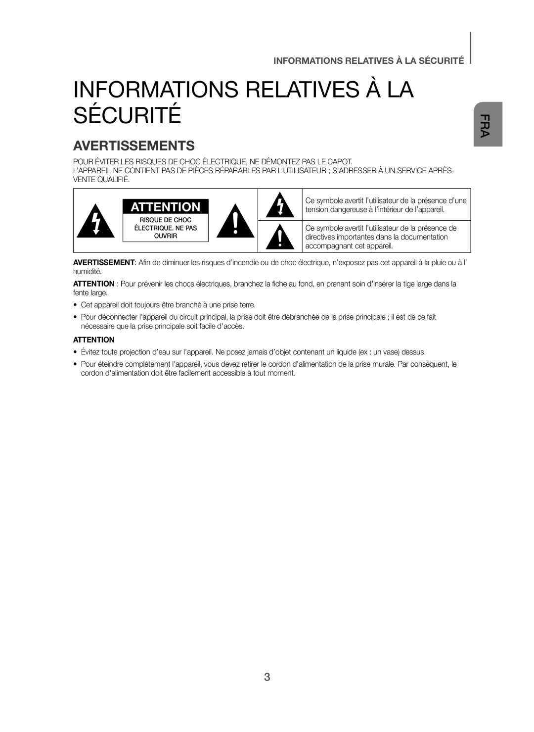 Samsung HW-H450/ZF, HW-H450/EN manual Informations Relatives À LA Sécurité, Avertissements 