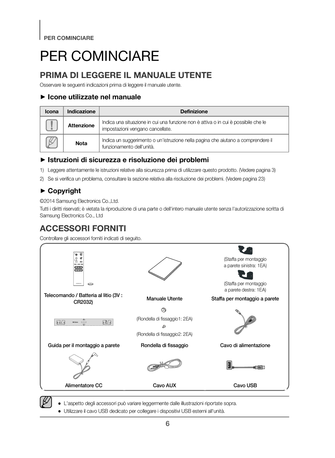 Samsung HW-H450/ZF PER Cominciare, Prima DI Leggere IL Manuale Utente, Accessori Forniti, + Icone utilizzate nel manuale 