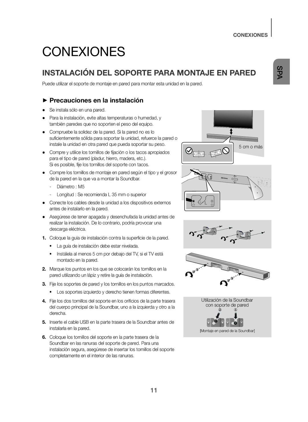 Samsung HW-H450/ZF, HW-H450/EN Conexiones, Instalación DEL Soporte Para Montaje EN Pared, + Precauciones en la instalación 