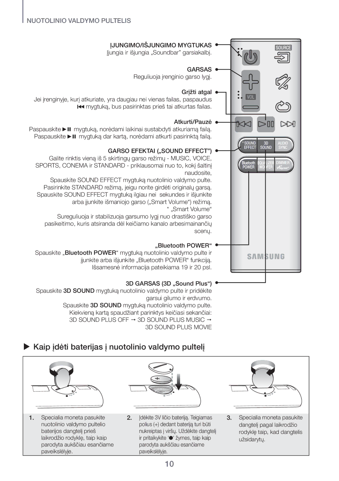 Samsung HW-H450/EN, HW-H551/EN manual  Kaip įdėti baterijas į nuotolinio valdymo pultelį, Garsas 