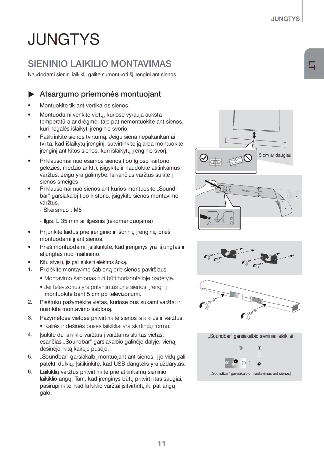 Samsung HW-H551/EN, HW-H450/EN manual Jungtys, Sieninio Laikilio Montavimas,  Atsargumo priemonės montuojant 