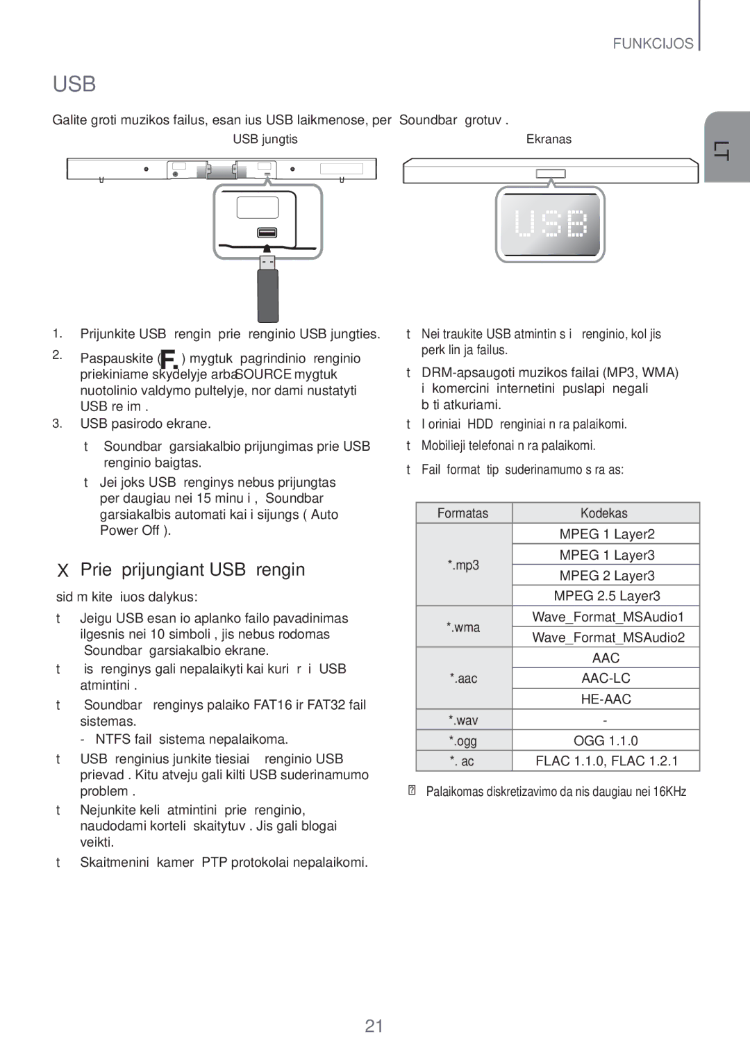 Samsung HW-H551/EN, HW-H450/EN manual Usb,  Prieš prijungiant USB įrenginį 