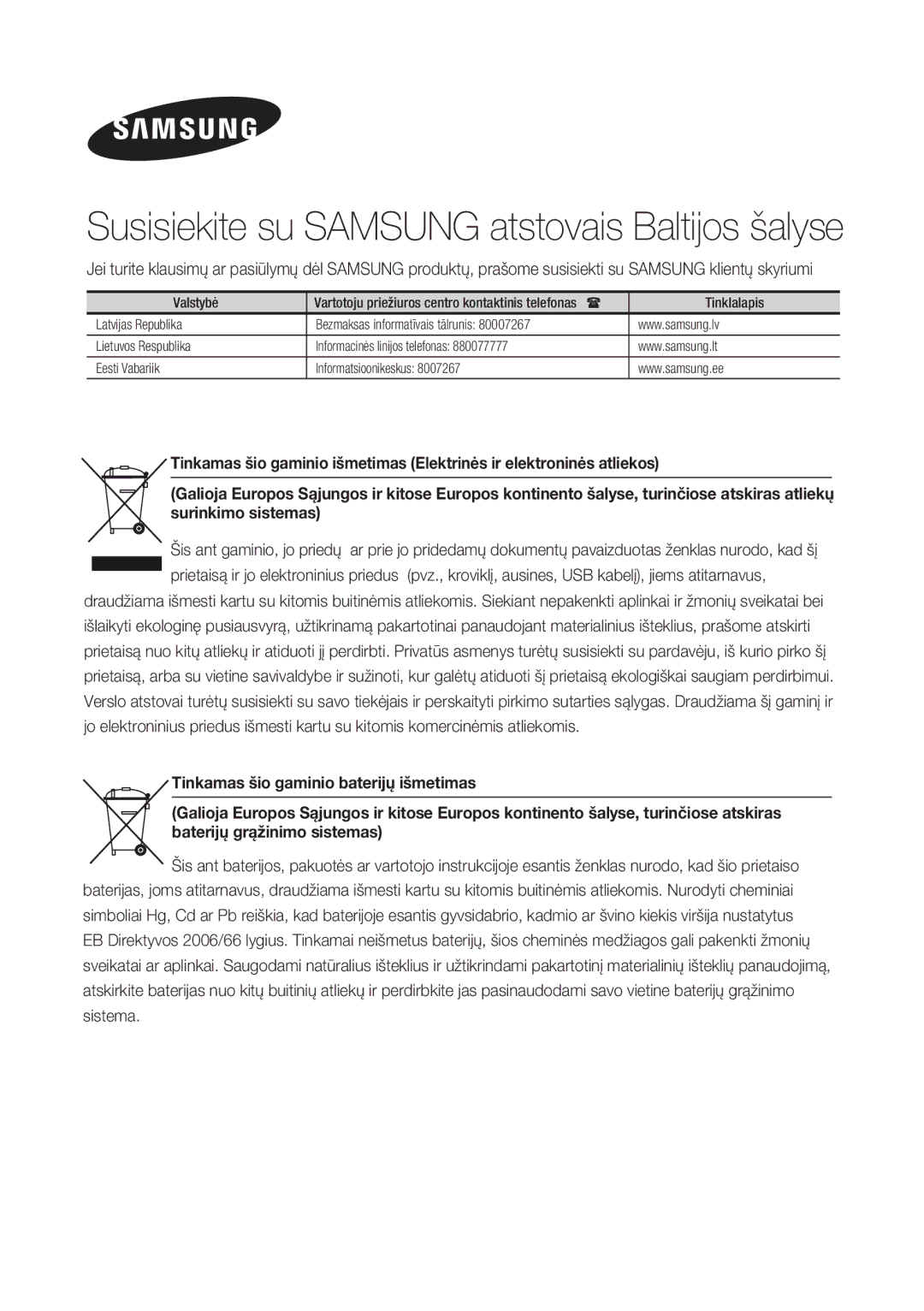 Samsung HW-H551/EN, HW-H450/EN manual Susisiekite su Samsung atstovais Baltijos šalyse 