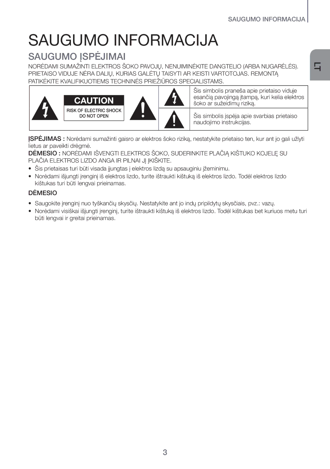 Samsung HW-H551/EN, HW-H450/EN manual Saugumo Informacija, Saugumo Įspėjimai 