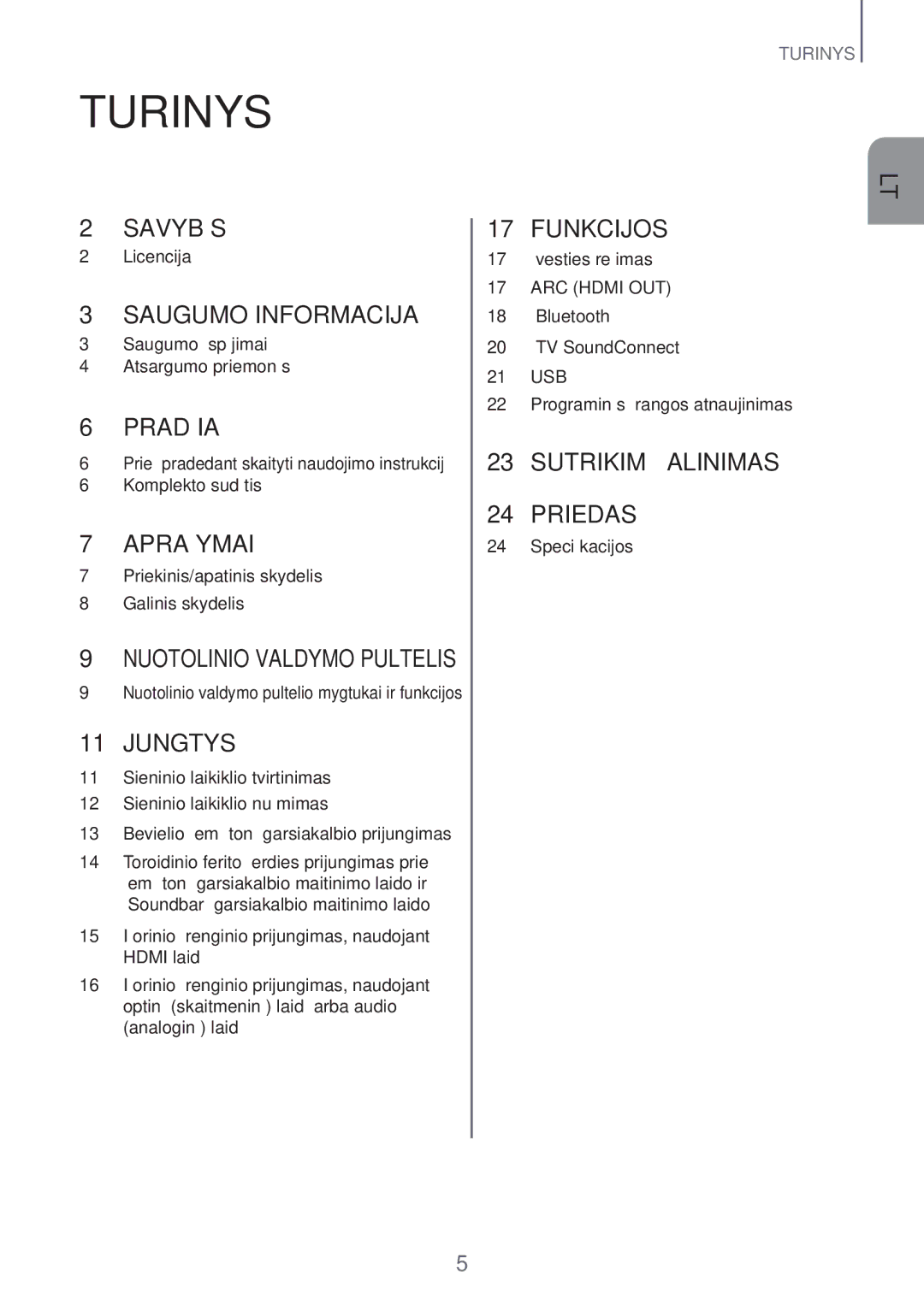 Samsung HW-H551/EN, HW-H450/EN manual Turinys, Aprašymai 