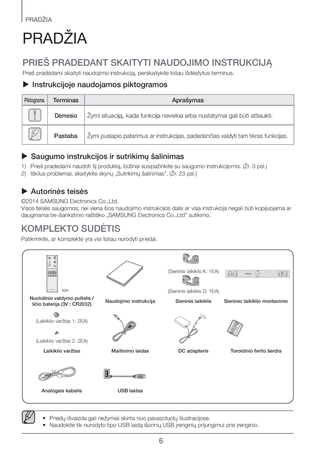 Samsung HW-H450/EN, HW-H551/EN manual Pradžia, Prieš Pradedant Skaityti Naudojimo Instrukciją, Komplekto Sudėtis 