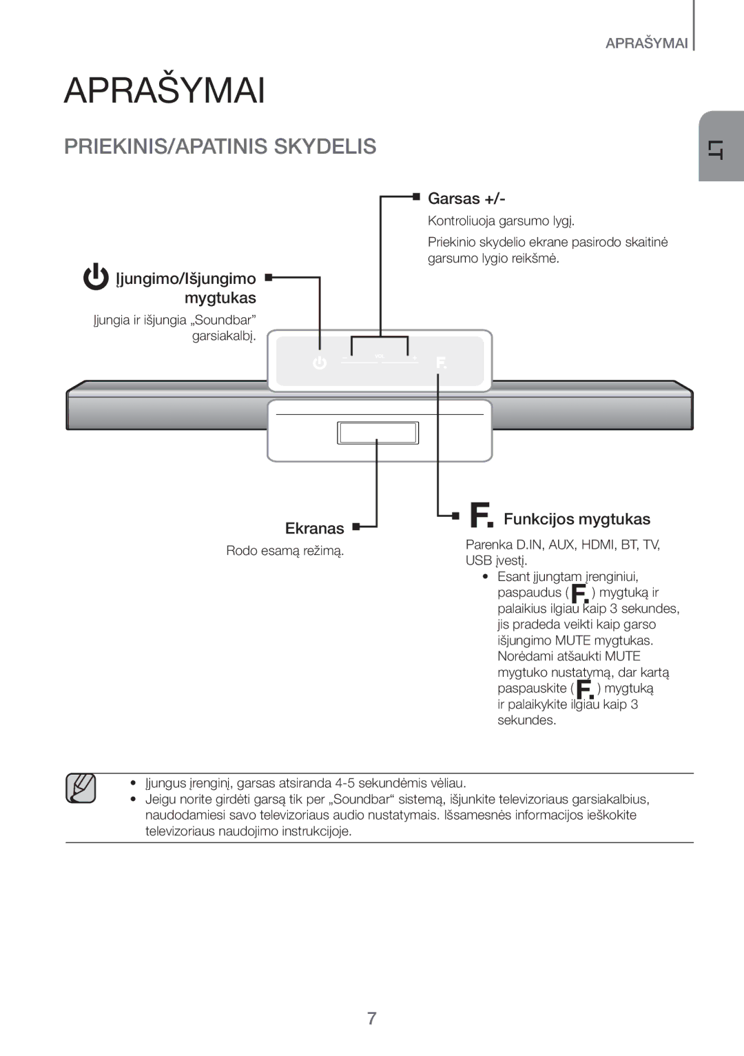 Samsung HW-H551/EN, HW-H450/EN manual Aprašymai, PRIEKINIS/APATINIS Skydelis 