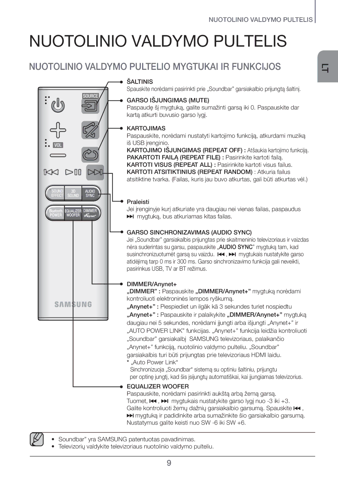 Samsung HW-H551/EN, HW-H450/EN manual Nuotolinio Valdymo Pultelis, Nuotolinio Valdymo Pultelio Mygtukai IR Funkcijos 