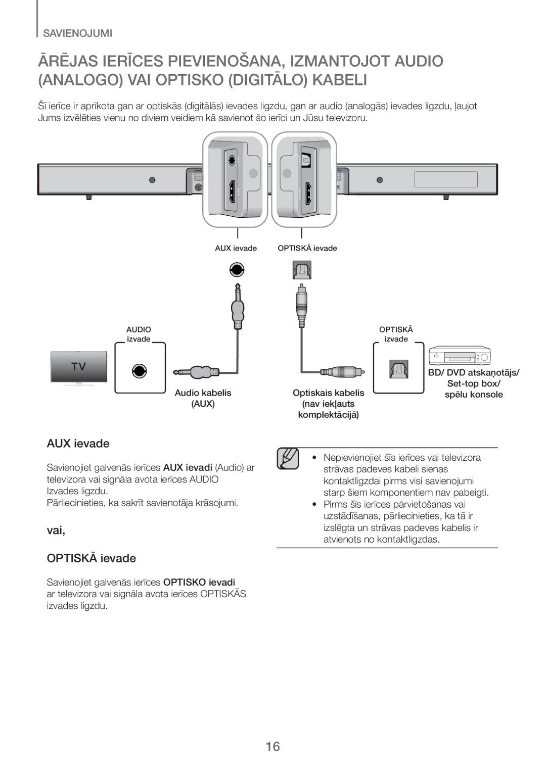 Samsung HW-H450/EN manual AUX ievade, Vai, Optiskā ievade 