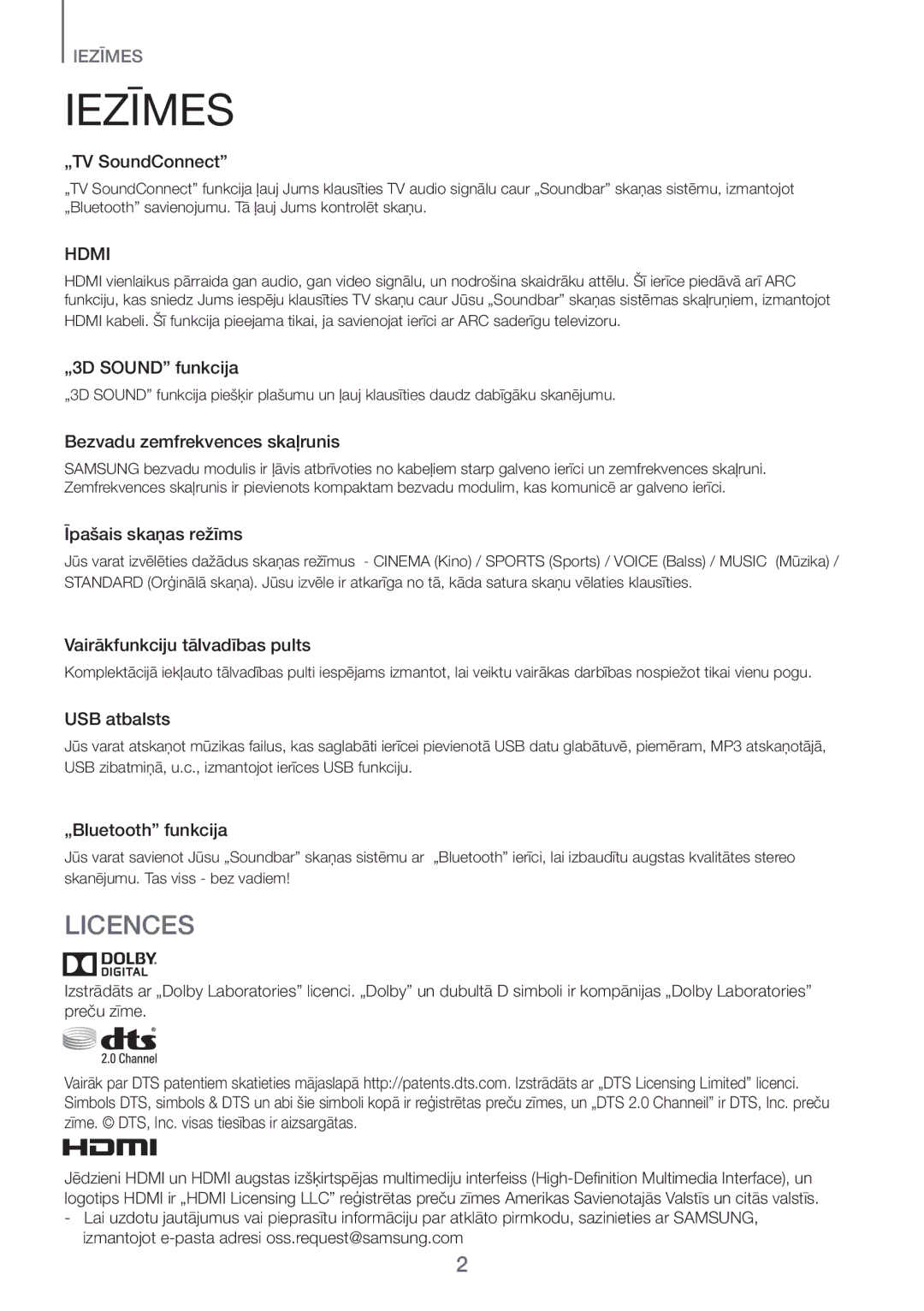 Samsung HW-H450/EN manual Iezīmes, Licences 