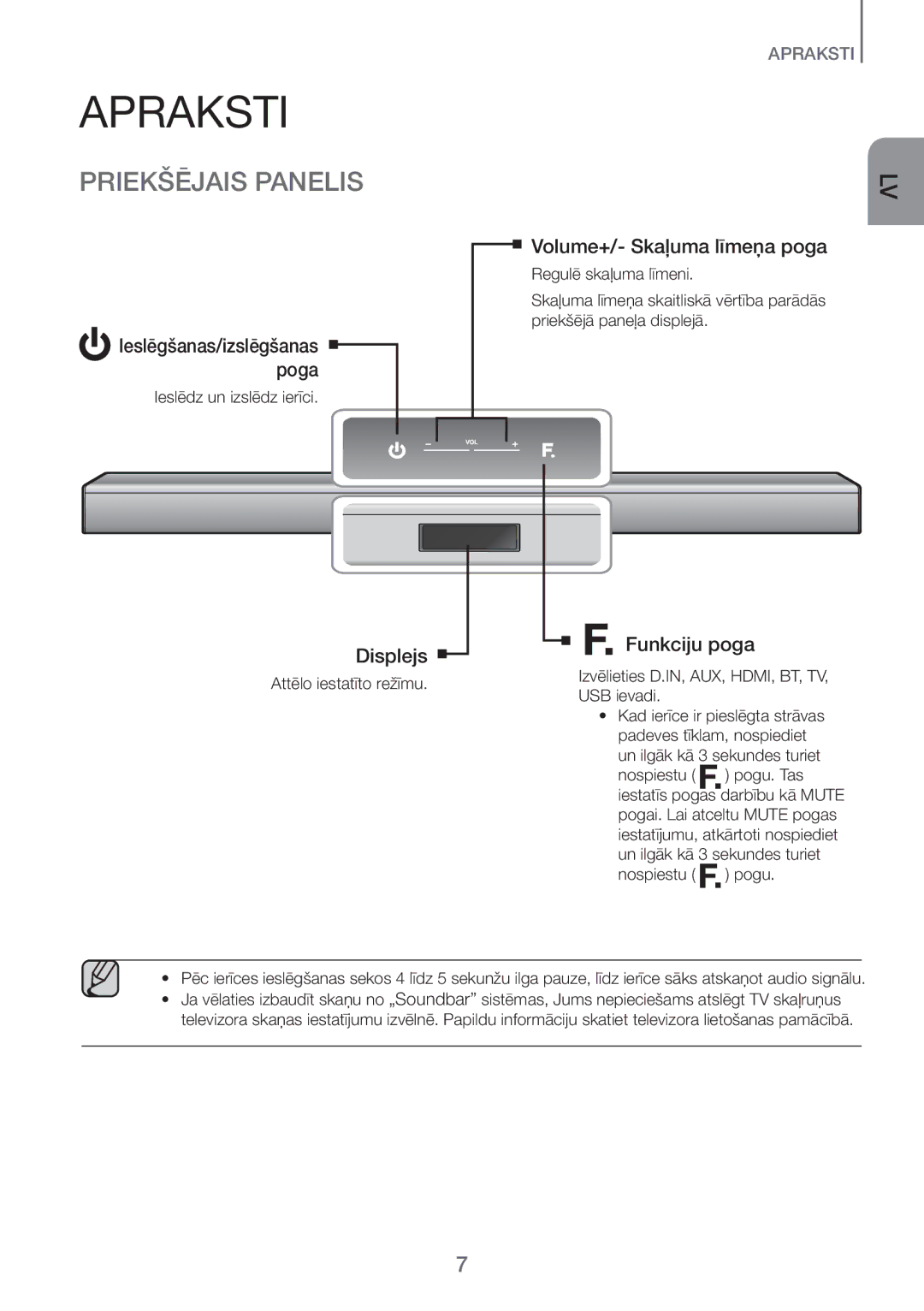 Samsung HW-H450/EN manual Apraksti, Priekšējais Panelis, Volume+/- Skaļuma līmeņa poga, Displejs Funkciju poga 