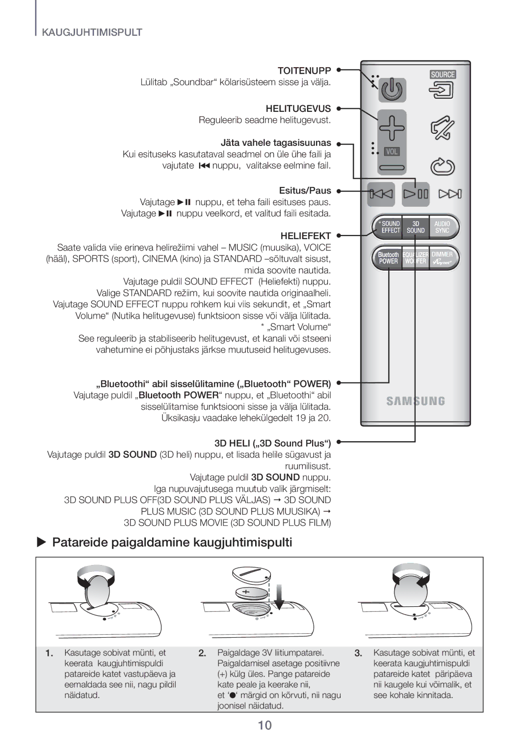 Samsung HW-H450/EN manual  Patareide paigaldamine kaugjuhtimispulti, Toitenupp, Helitugevus, Heliefekt 