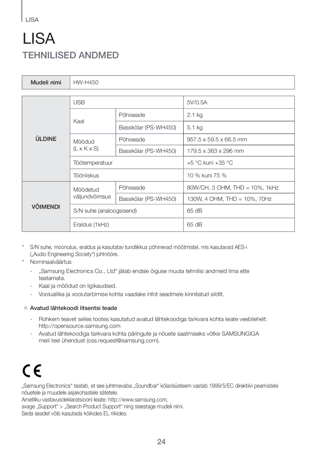 Samsung HW-H450/EN manual Lisa, Tehnilised Andmed, Üldine, Võimendi 