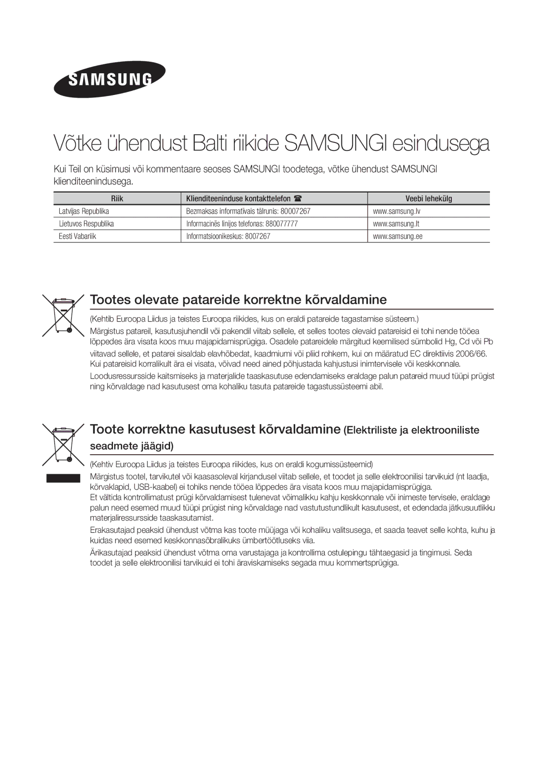 Samsung HW-H450/EN manual Võtke ühendust Balti riikide Samsungi esindusega 