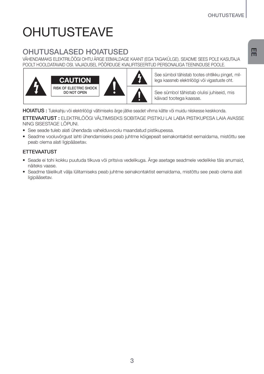 Samsung HW-H450/EN manual Ohutusteave, Ohutusalased Hoiatused 