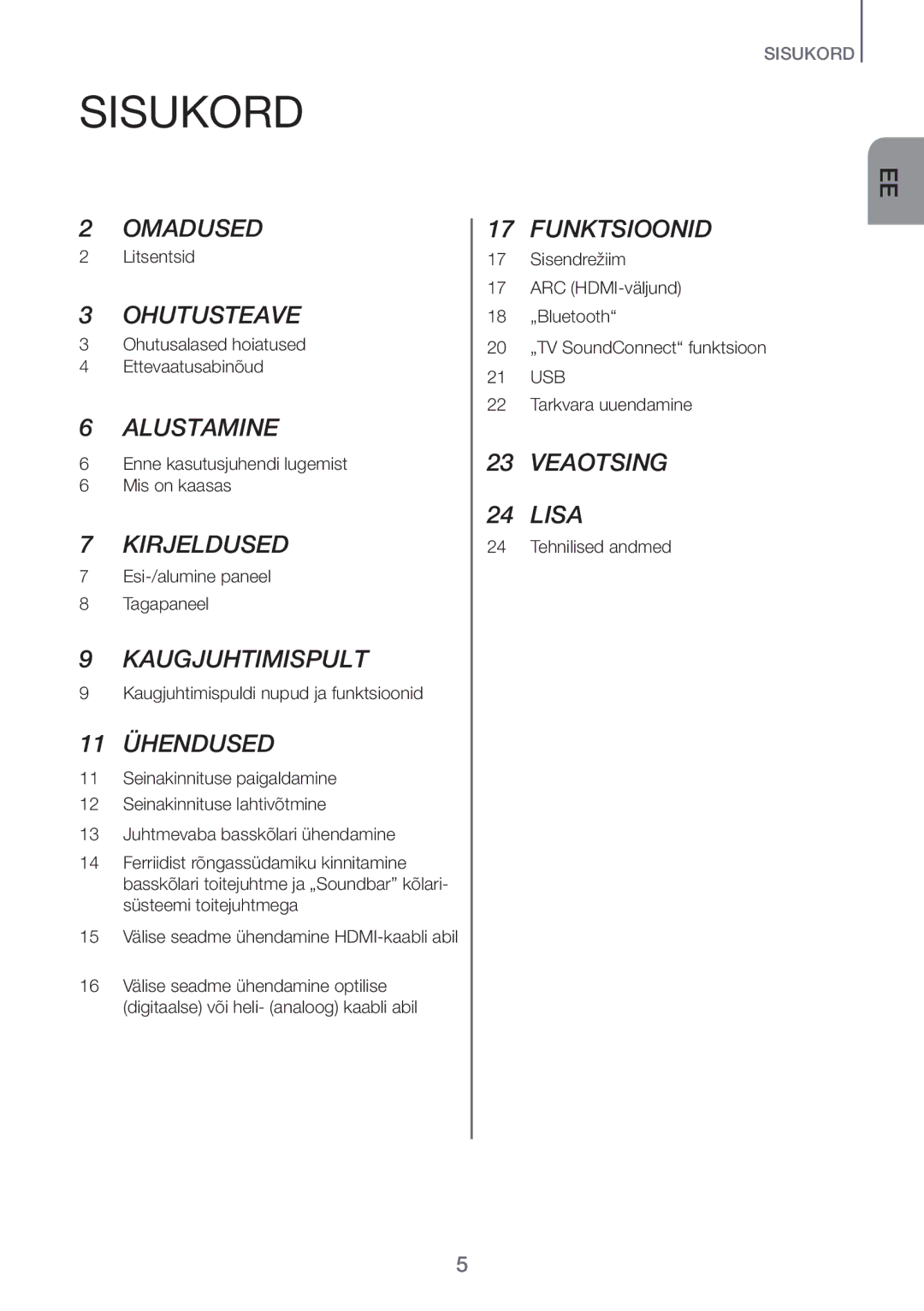 Samsung HW-H450/EN manual Sisukord, 11 Ühendused 