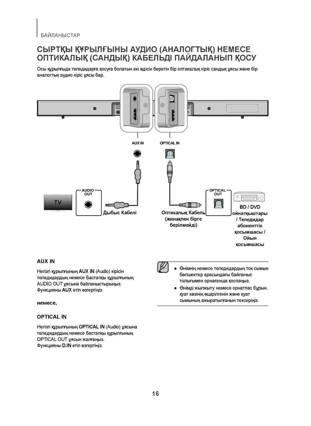 Samsung HW-H450/RU manual Дыбыс Кабелі, Функцияны D.IN етіп өзгертіңіз 