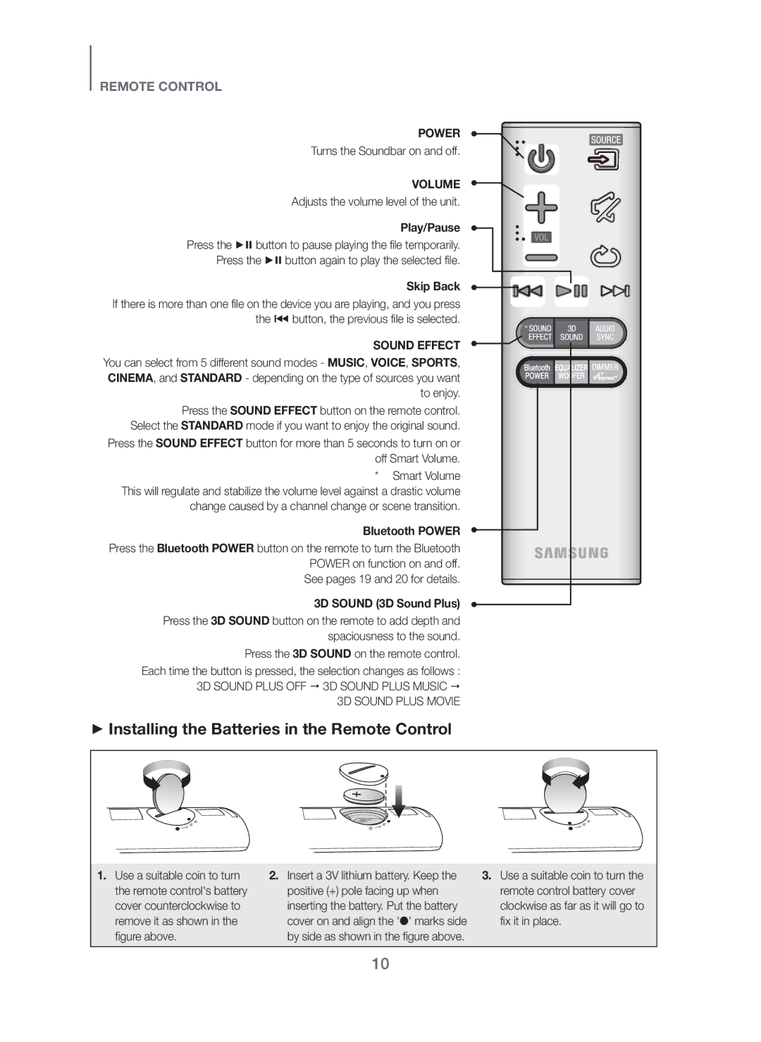 Samsung HW-H450/SQ manual + Installing the Batteries in the Remote Control 