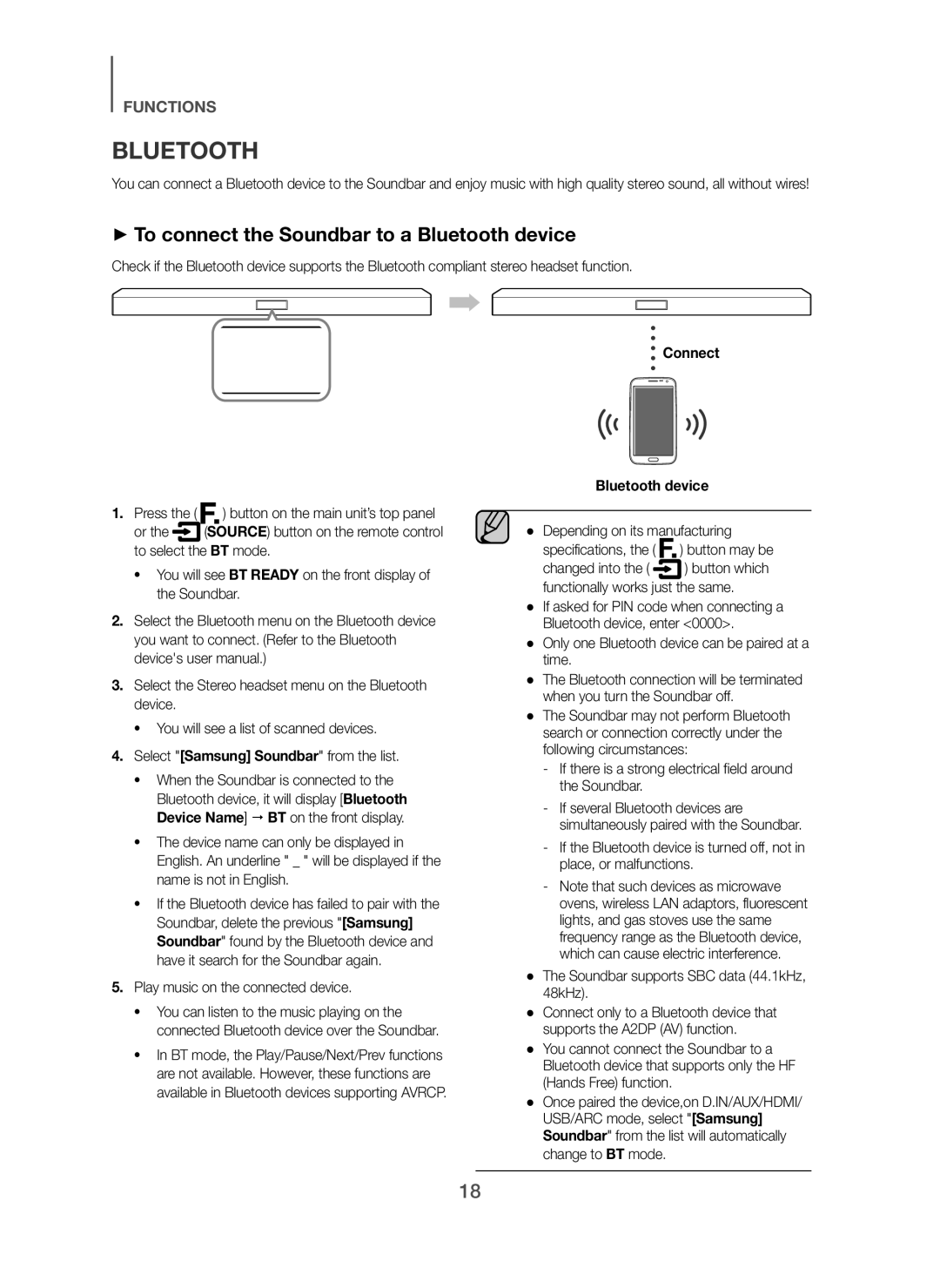 Samsung HW-H450/SQ manual + To connect the Soundbar to a Bluetooth device, Connect 