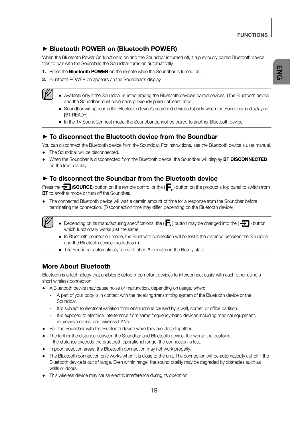 Samsung HW-H450/SQ manual + Bluetooth Power on Bluetooth Power, + To disconnect the Bluetooth device from the Soundbar 