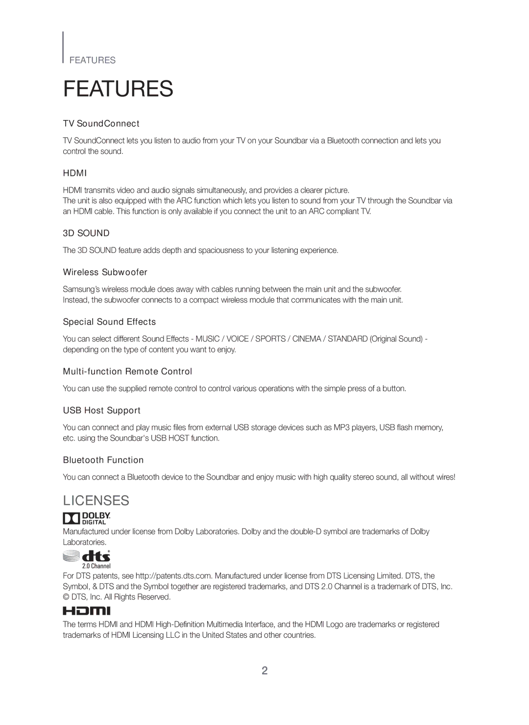 Samsung HW-H450/SQ manual Features, Licenses 