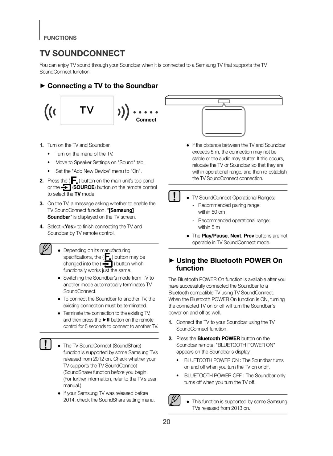 Samsung HW-H450/SQ manual + Connecting a TV to the Soundbar, + Using the Bluetooth Power On function 