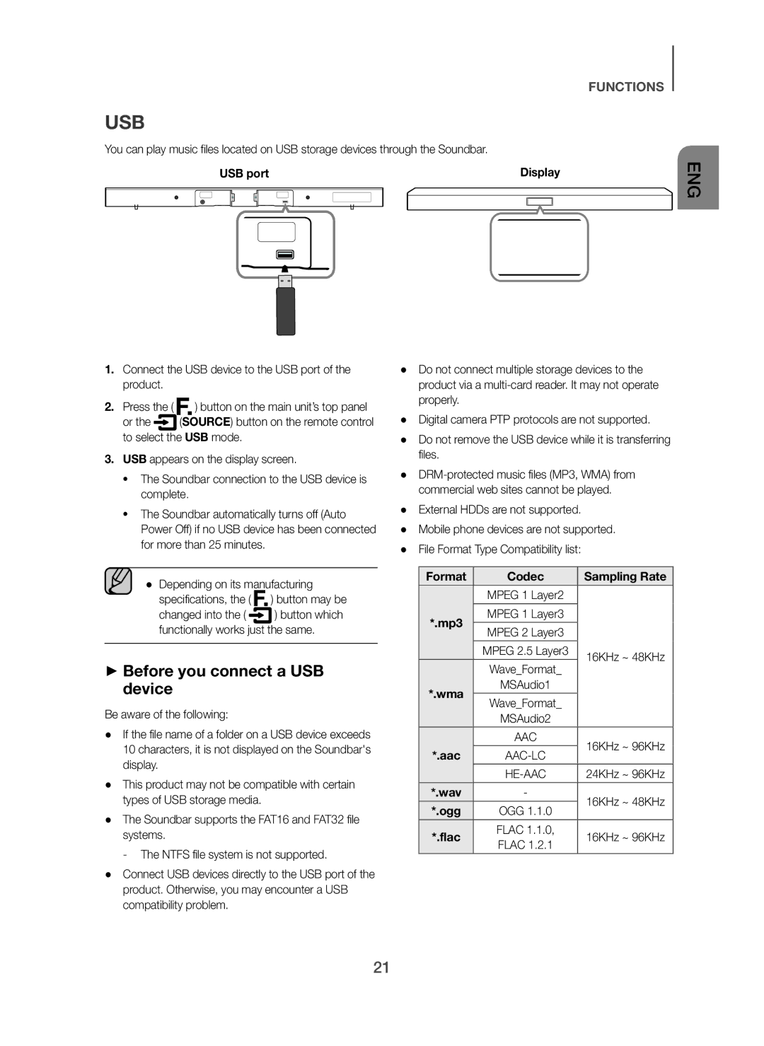 Samsung HW-H450/SQ manual + Before you connect a USB device, USB port, Format Codec Sampling Rate, Mp3 