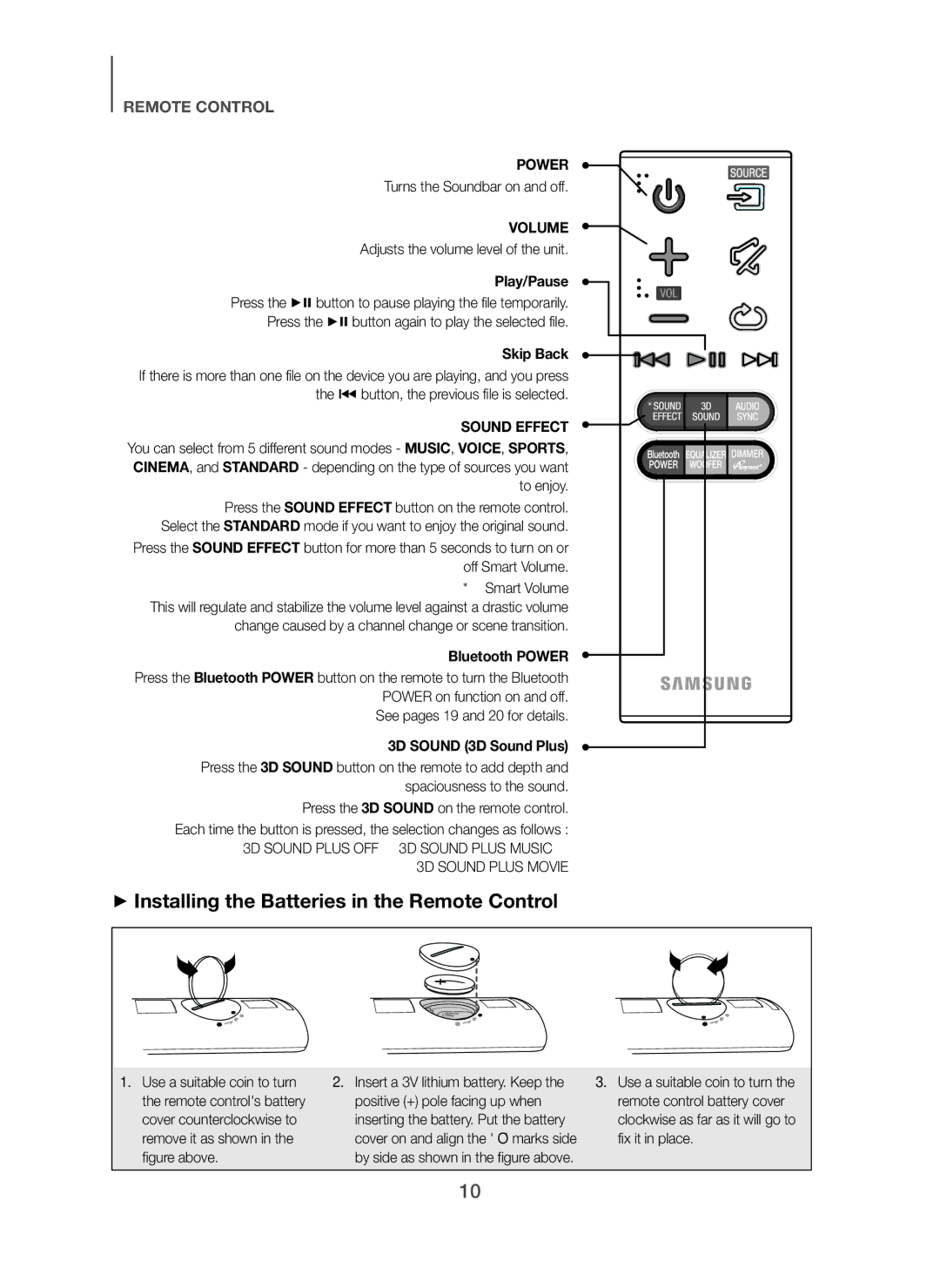 Samsung HW-H450/TK, HW-H450/EN + Installing the Batteries in the Remote Control, Play/Pause, Skip Back, Bluetooth Power 