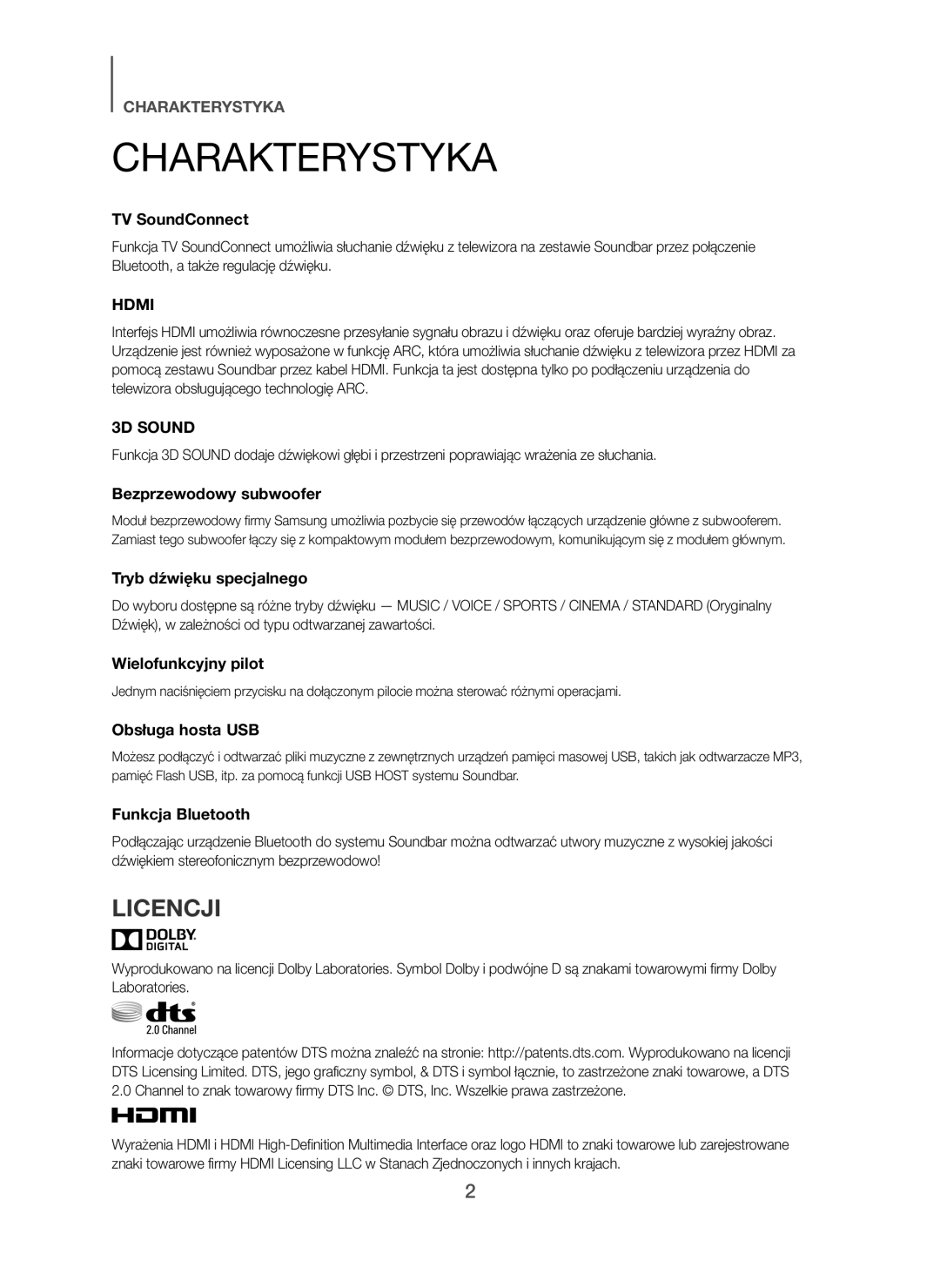 Samsung HW-H450/ZF, HW-H450/TK, HW-H450/EN, HW-H450/XN, HW-H450/XE manual Charakterystyka, Licencji 