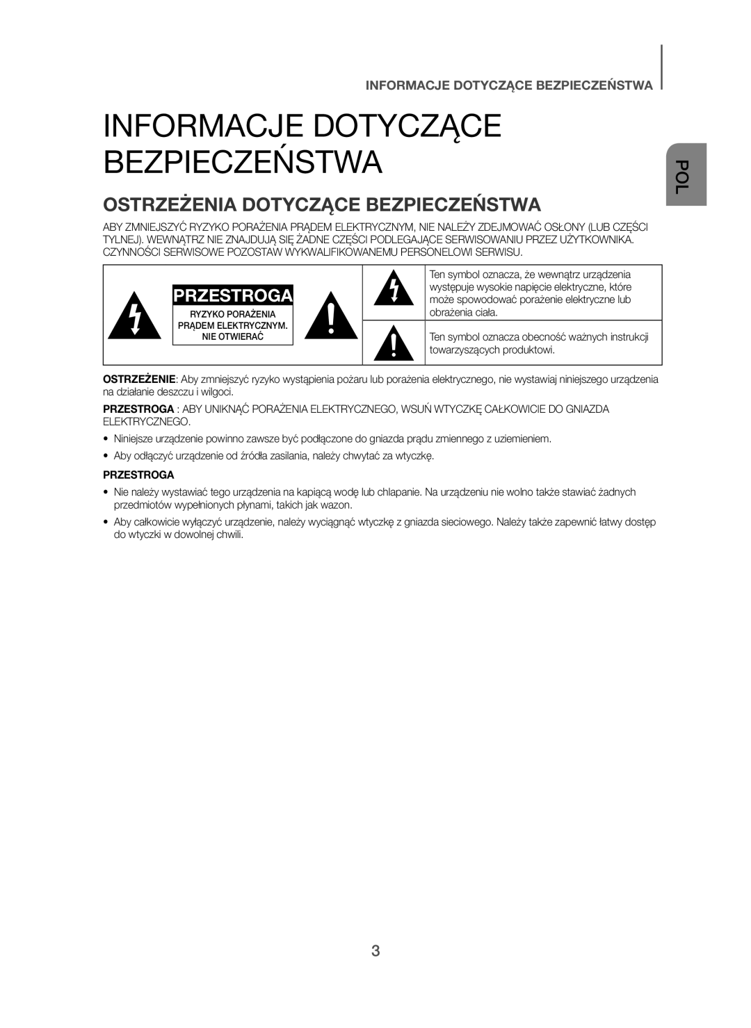 Samsung HW-H450/XN, HW-H450/TK, HW-H450/EN manual Informacje Dotyczące Bezpieczeństwa, Ostrzeżenia Dotyczące Bezpieczeństwa 