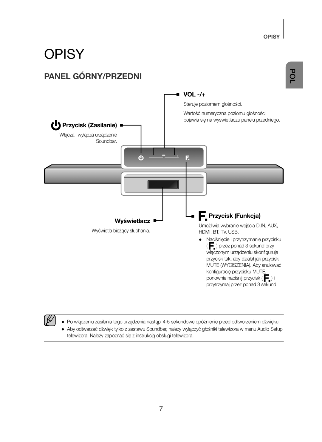 Samsung HW-H450/ZF, HW-H450/TK, HW-H450/EN Opisy, Panel GÓRNY/PRZEDNI, Przycisk Zasilanie, Wyświetlacz, Przycisk Funkcja 