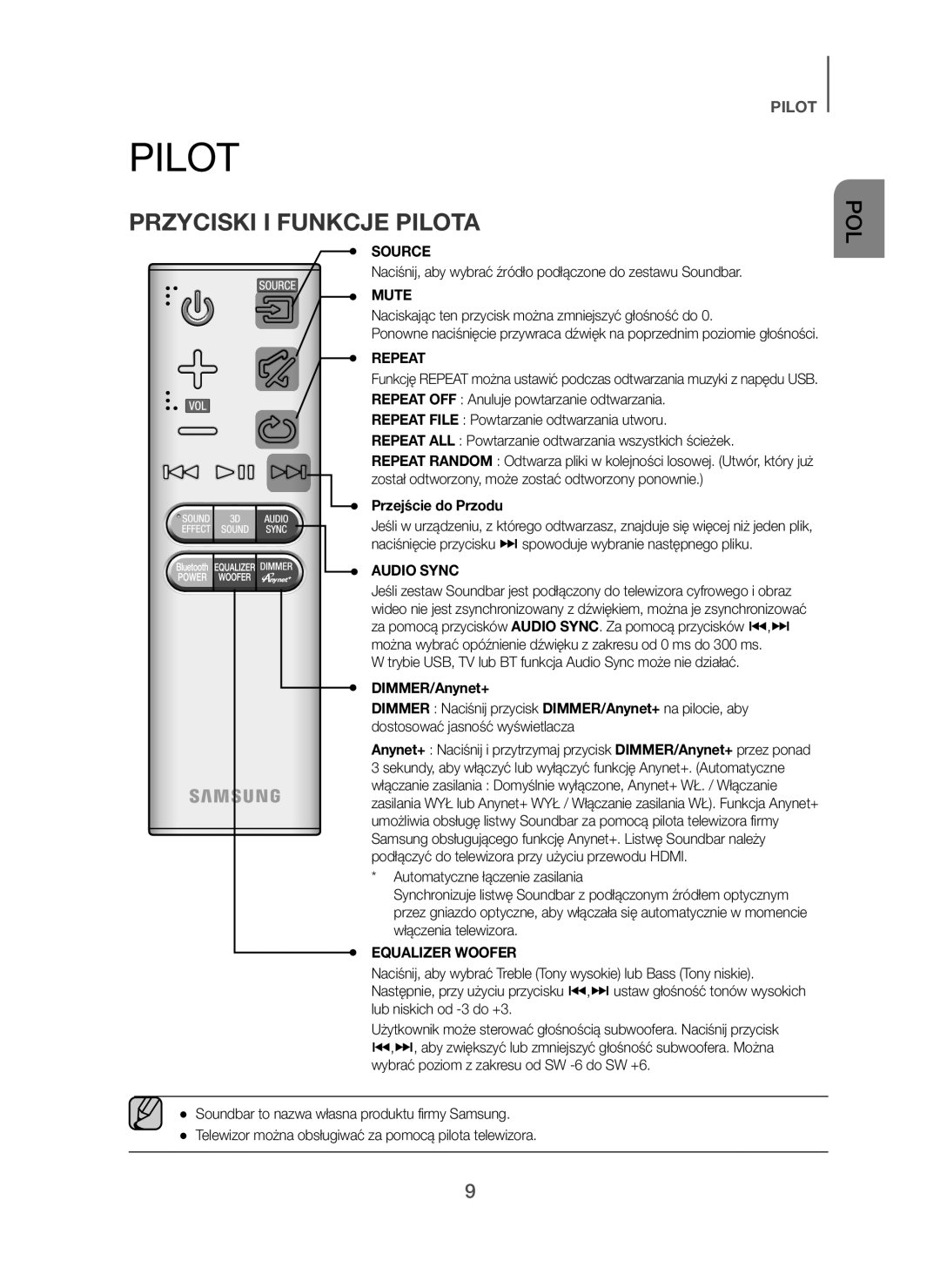 Samsung HW-H450/XE, HW-H450/TK Przyciski I Funkcje Pilota, Naciśnij, aby wybrać źródło podłączone do zestawu Soundbar 