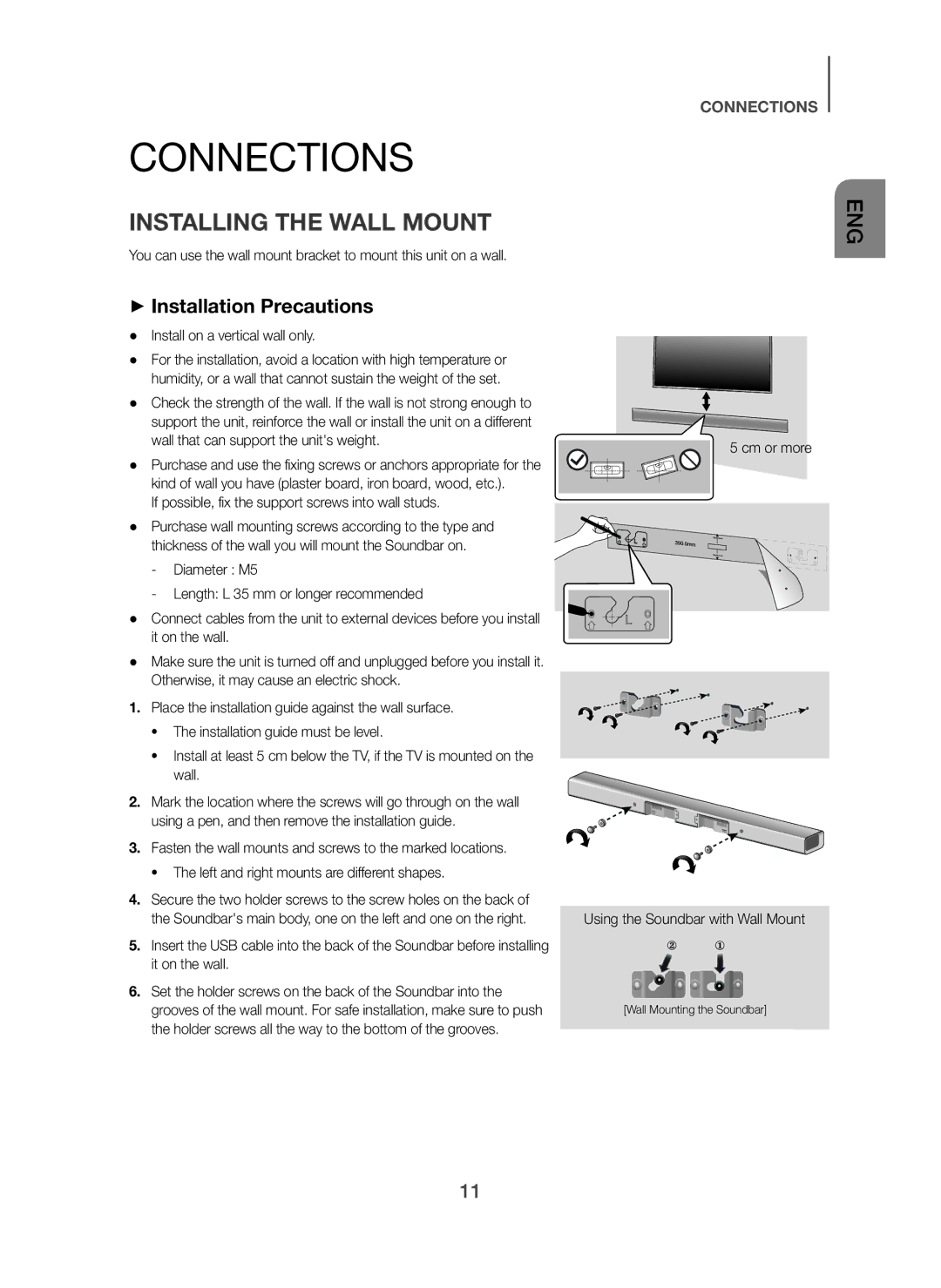 Samsung HW-H450/EN, HW-H450/TK, HW-H450/ZF, HW-H450/XN Connections, Installing the Wall Mount, + Installation Precautions 