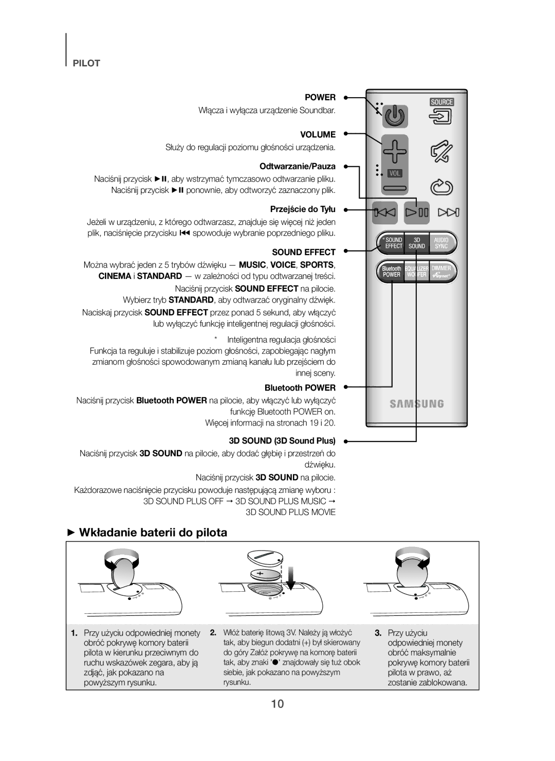 Samsung HW-H450/TK, HW-H450/EN, HW-H450/ZF, HW-H450/XN + Wkładanie baterii do pilota, Odtwarzanie/Pauza, Przejście do Tyłu 