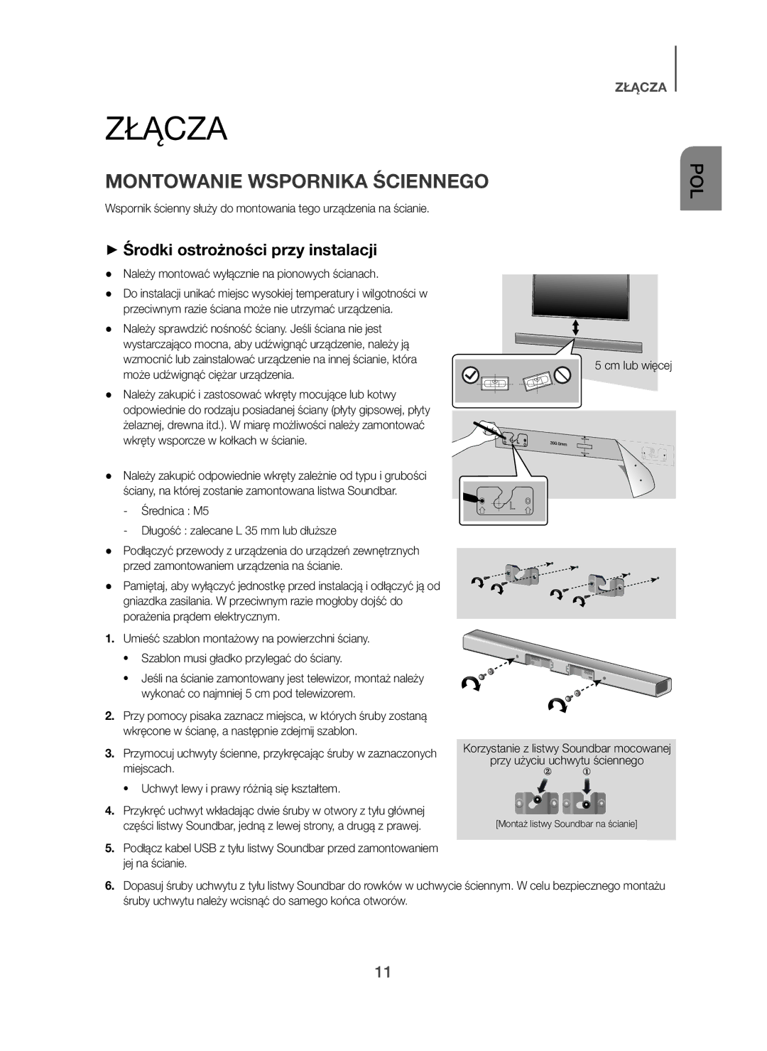 Samsung HW-H450/EN, HW-H450/TK Złącza, Montowanie Wspornika Ściennego, + Środki ostrożności przy instalacji, Cm lub więcej 