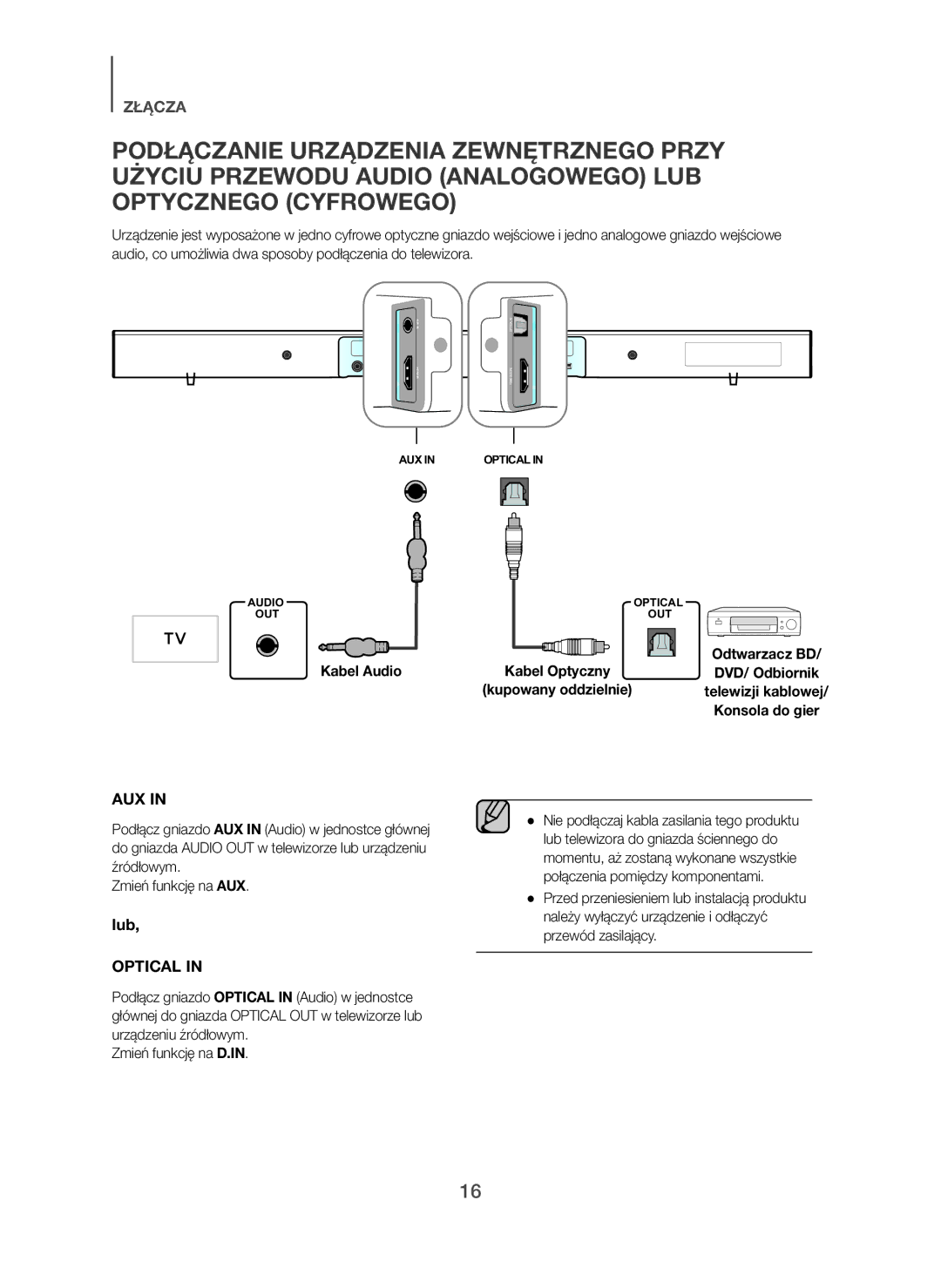 Samsung HW-H450/EN, HW-H450/TK, HW-H450/ZF, HW-H450/XN, HW-H450/XE manual Kabel Audio Kabel Optyczny 