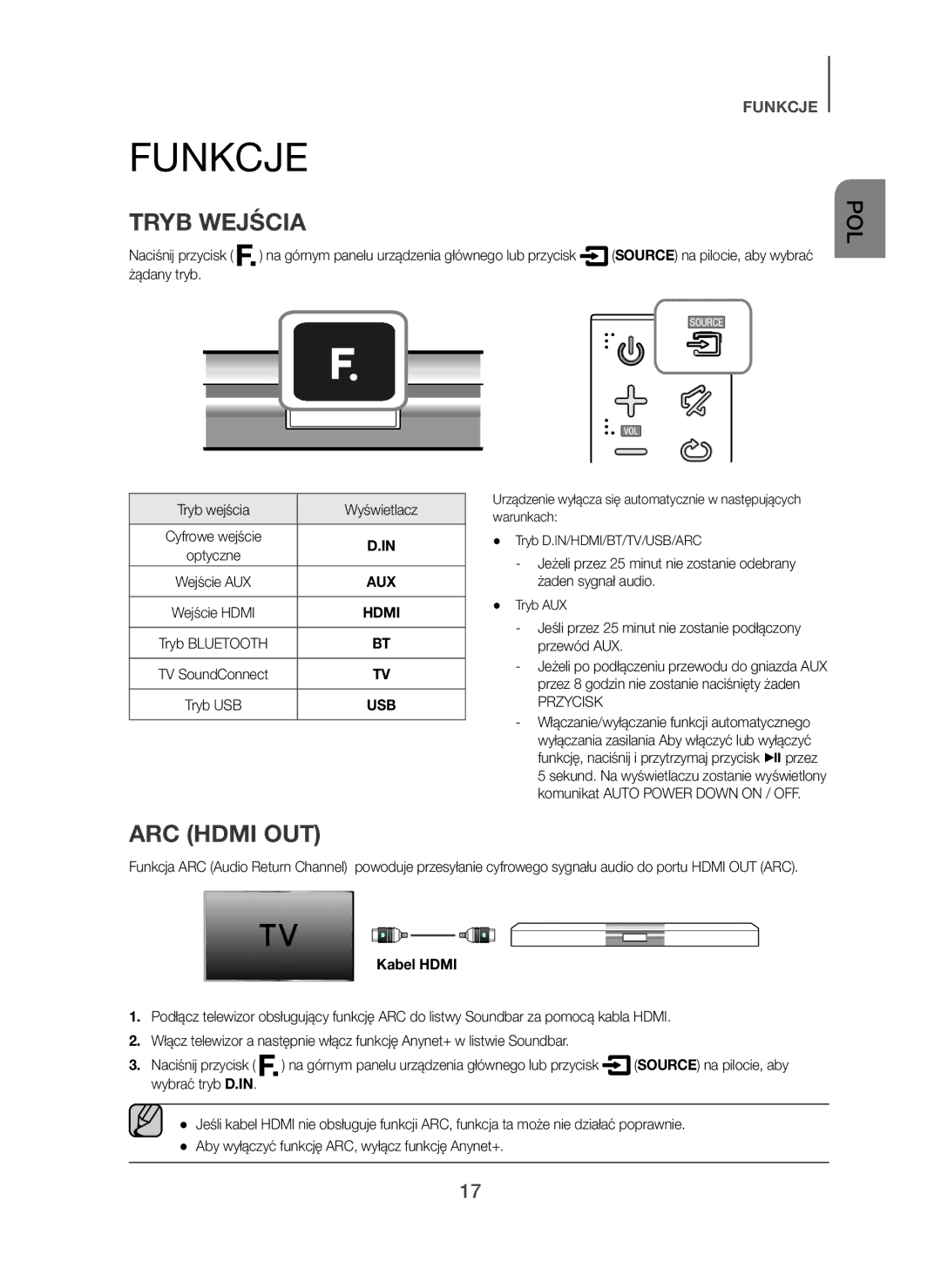 Samsung HW-H450/ZF, HW-H450/TK, HW-H450/EN, HW-H450/XN, HW-H450/XE manual Funkcje, Tryb Wejścia, Tryb wejścia Wyświetlacz 