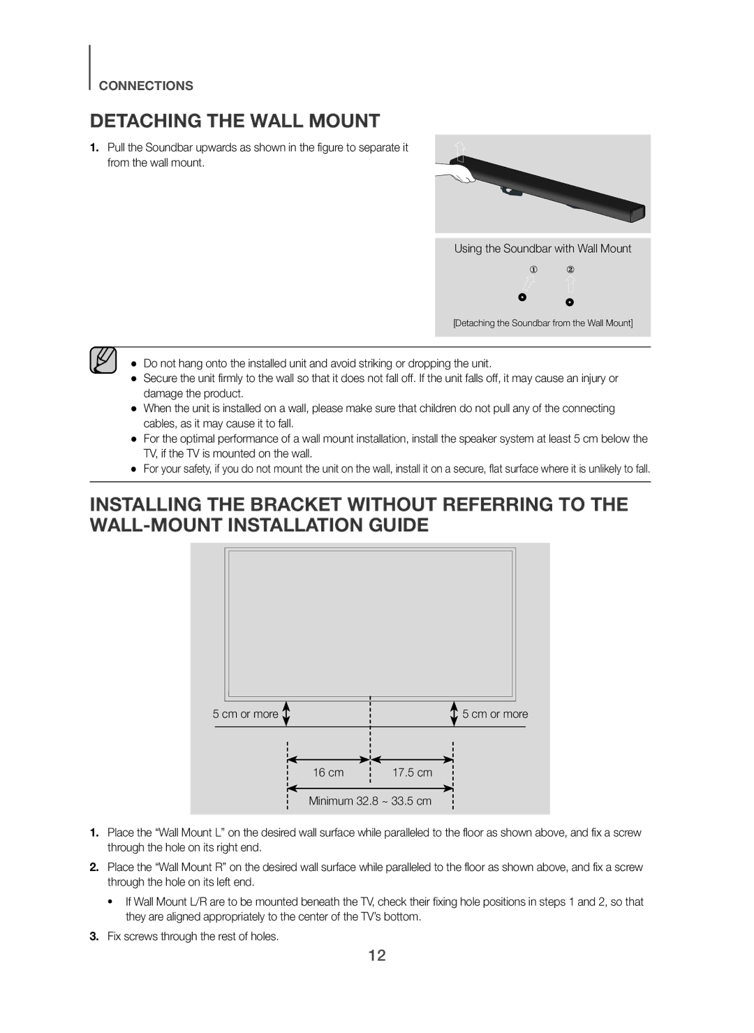 Samsung HW-H450/ZF, HW-H450/TK, HW-H450/EN, HW-H450/XN, HW-H450/XE manual Detaching the Wall Mount, Cm or more 16 cm 