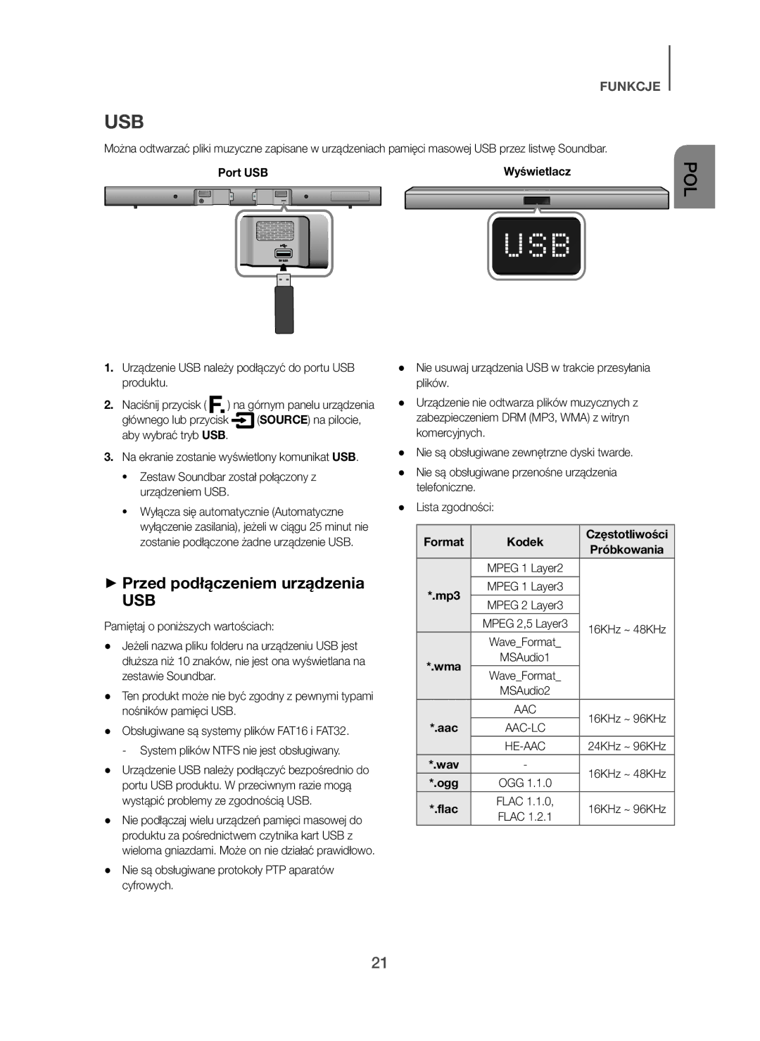 Samsung HW-H450/EN, HW-H450/TK manual + Przed podłączeniem urządzenia, Urządzenie USB należy podłączyć do portu USB produktu 