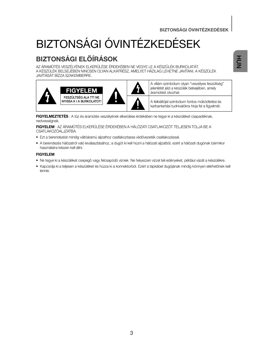 Samsung HW-H450/XN, HW-H450/TK, HW-H450/EN, HW-H450/ZF, HW-H450/XE manual Biztonsági Óvintézkedések, Biztonsági Előírások 