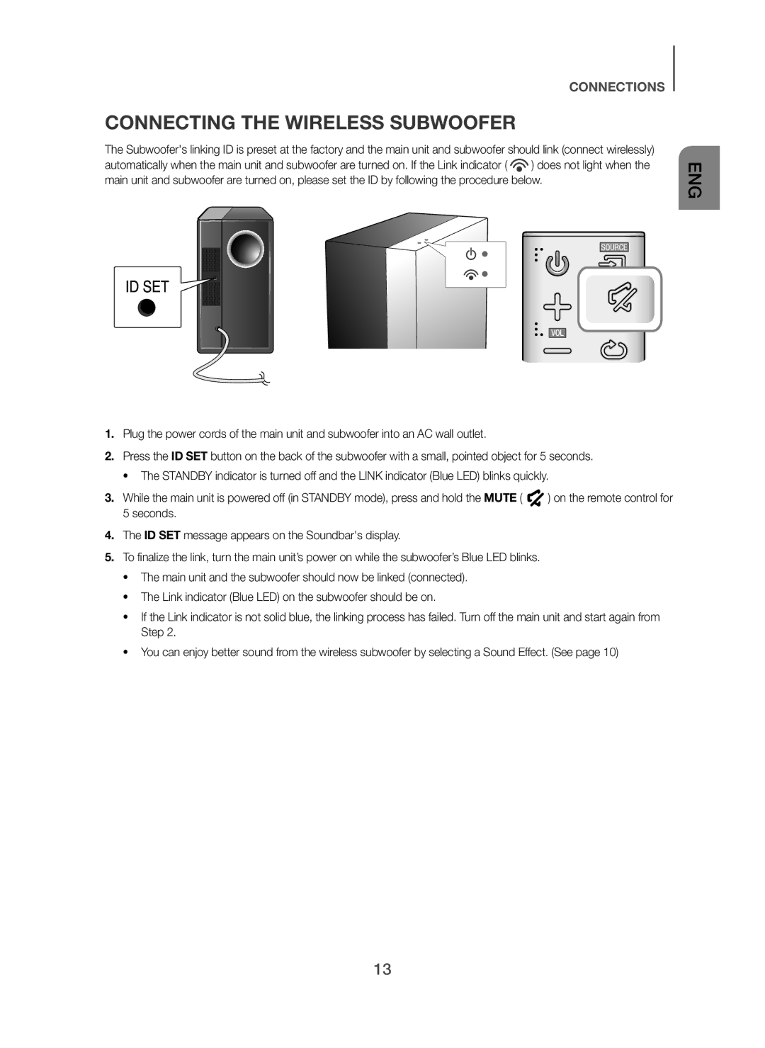 Samsung HW-H450/XN, HW-H450/TK, HW-H450/EN, HW-H450/ZF, HW-H450/XE manual Connecting the Wireless Subwoofer 